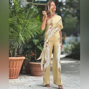 Ramona LaRue Grace Crane Print Satin Drawstring Pants Size Small